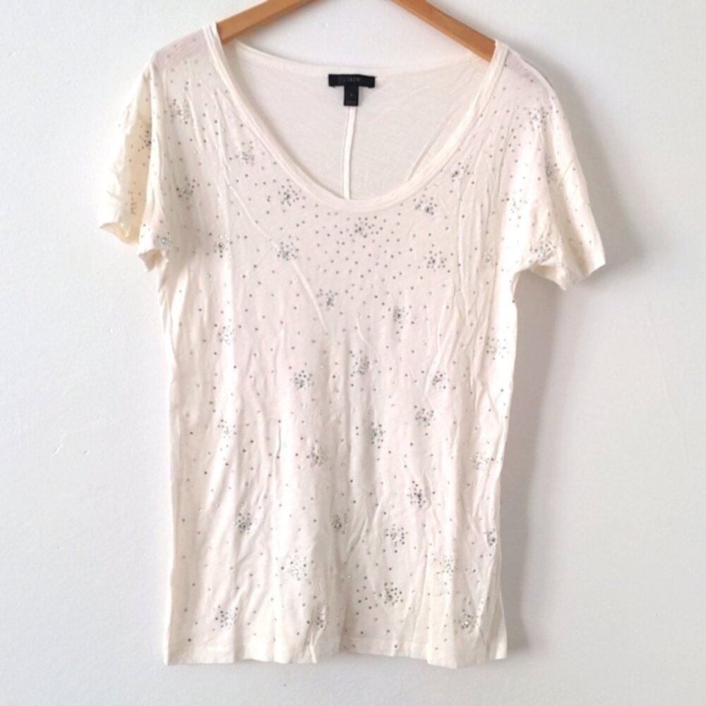 J Crew Semi-Sheer Rhinestone Sequin Crystal Ivory T-Shirt Top sz Small